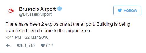 폭발 소식을 알리고 있는 브뤼셀 공항 공식 트위터.
