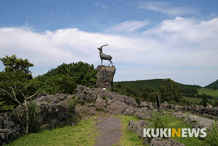 한라산 백록담을 바라보고 있는 사슴동상은 산굼부리의 상징으로 자리 잡아, 누구든 그냥 지나지 않고 사진 한 장쯤은 찍고 간다.