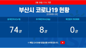 29일 부산 코로나19 확진자 74명…유치원생 2차 감염 추정