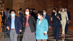 줄지어 본회의장에 입장하는 더불어민주당 의원들
