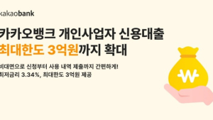 카카오뱅크, 개인사업자 신용대출 최대한도 3억원까지 확대